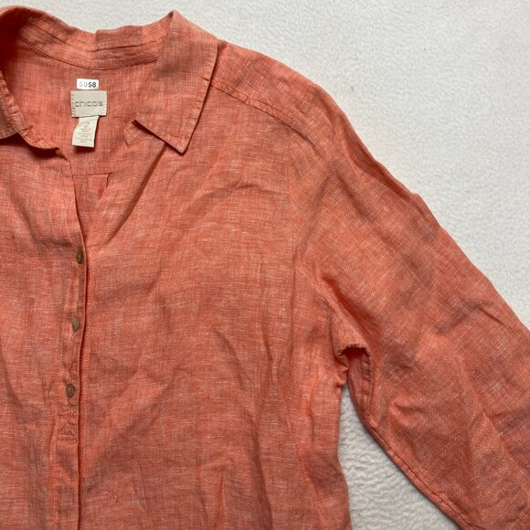 Chicos Linen Shirt Womens 2 Orange 3/4 Sleeve Button Up - Picture 3 of 12